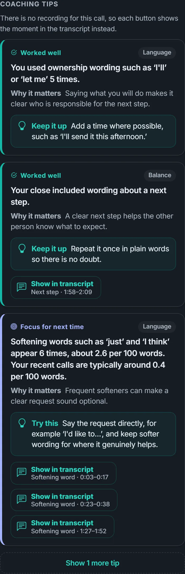 Coaching tips for a call, each marked as something that worked well or a focus for next time, with a button that shows the moment in the transcript