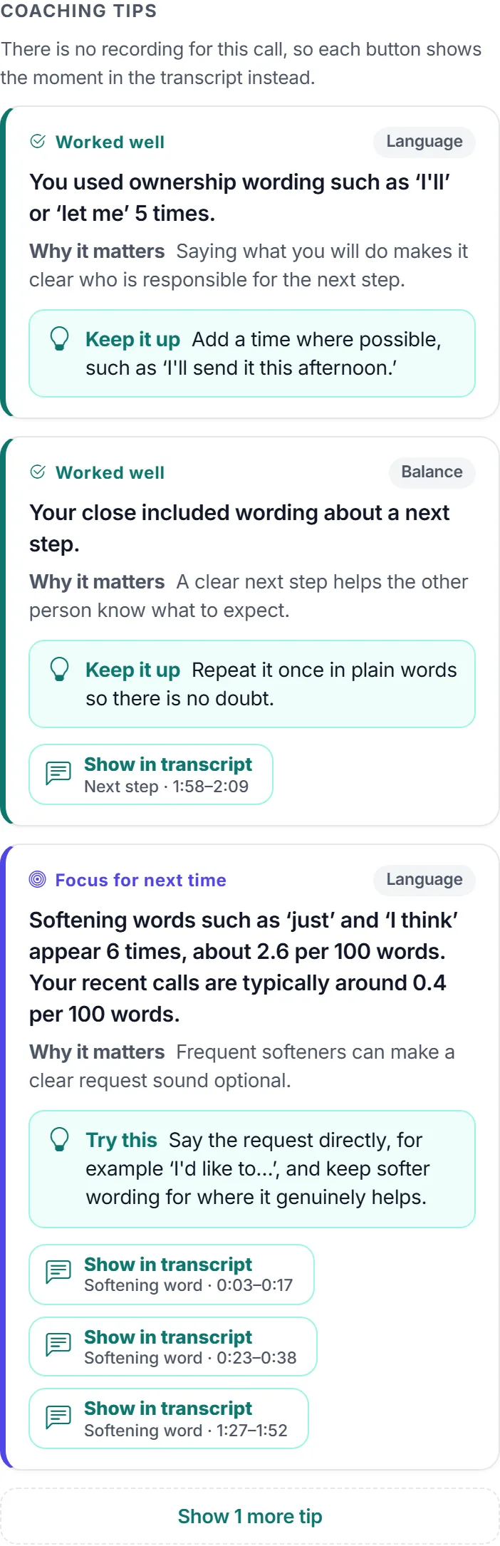 Coaching tips for a call, each marked as something that worked well or a focus for next time, with a button that shows the moment in the transcript